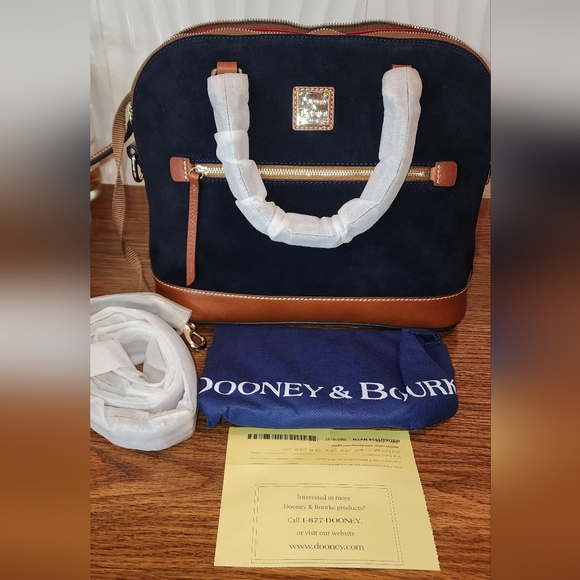 Dooney & Bourke Handbags - NWT** DOONEY & BOURKE - Dome Zip Satchel, Navy Suede and Tan Leather